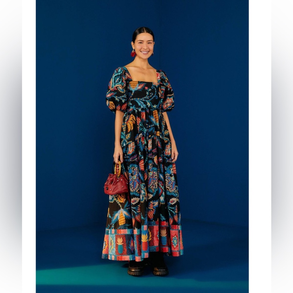 NWOT Women's Blue Black Sunset Tapestry Organic Cotton Maxi Dress SMALL